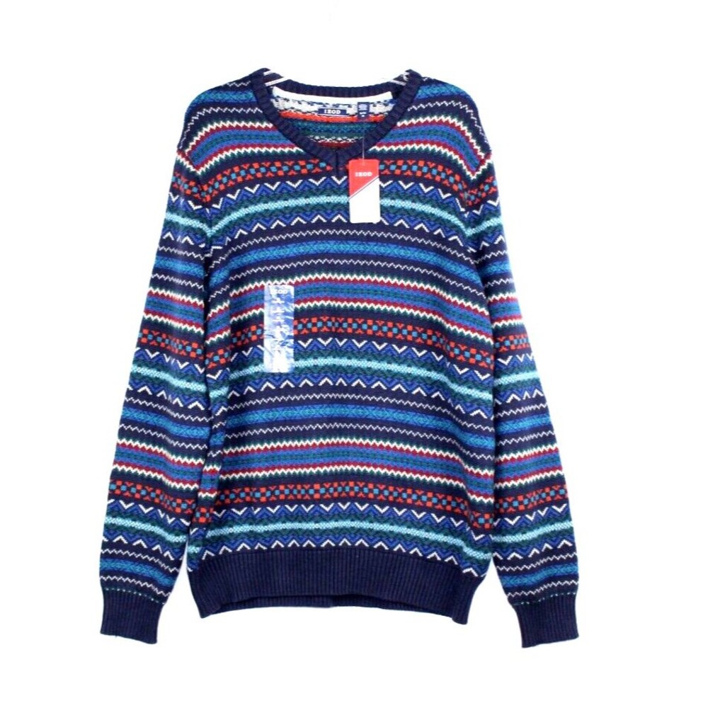 IZOD Southridge Fairisle V Neck Sweater Pullover Navy Peacoat XL 100% Cotton New